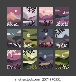 A vibrant series of framed nature flat lay scenes, mountain landscapes under a glowing sky, featuring bold foliage silhouettes on a dark background