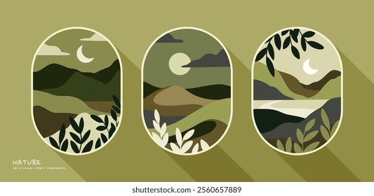 A vibrant series of three framed nature flat lay scenes, brown and green mountain landscapes under a glowing sky, featuring bold foliage silhouettes