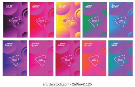 Conjunto vibrante de 10 fundos de gradiente abstrato, capas modernas da moda com esferas coloridas e triângulos geométricos para pôsteres e mídias sociais