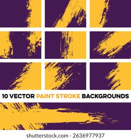 Vibrant set of 10 vector paint stroke backgrounds. Purple and yellow abstract grunge textures with dynamic brush marks and distressed details. Great for bold, contemporary graphic designs.
