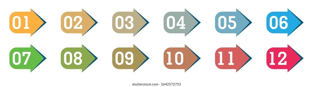 Vibrant set of 12 numbered arrow labels in unique colors, perfect for timelines, infographics, process steps, or educational visuals.
