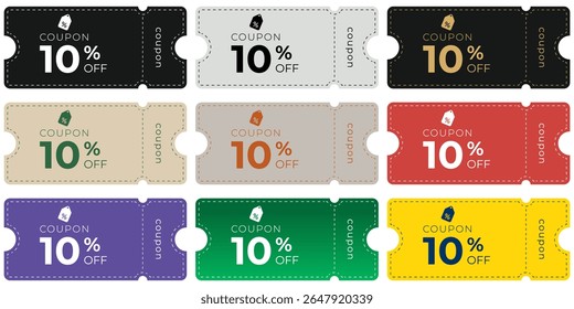 A vibrant set of 15% off gift voucher coupons in assorted colors with barcode, perfect for promotions, sales, and marketing materials. Ideal for commercial, retail, and e-commerce use.