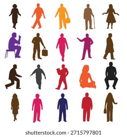 A vibrant set of 16 human silhouettes in different colors and poses, including walking, sitting, and standing, showcasing diversity and movement, on a clean white background.