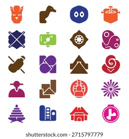 Un vibrante conjunto de 20 iconos planos en varios colores que incluyen rojo, azul, púrpura, marrón y verde, con diversos símbolos y objetos sobre un fondo blanco puro