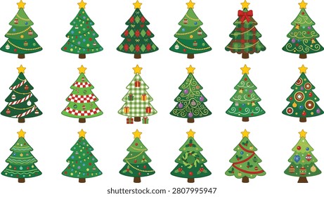 A vibrant set of 20 uniquely decorated Christmas trees with various ornaments, patterns, and colors on white background