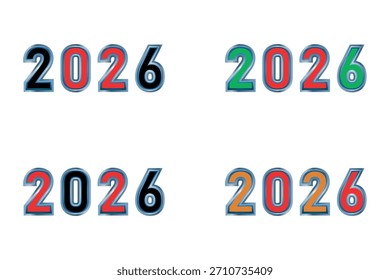 A vibrant set of 2026 numbers in bold modern typography with multicolor styles and glossy outlines. Ideal for New Year designs, greeting cards, posters, banners, celebration themes, and digital graphics.