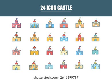 A vibrant set of 24 flat-style castle icons in pastel colors. Ideal for fantasy themes, educational materials, game UI, kids’ projects, web app designs, and decorative use. Fully editable vectors.