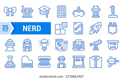 Um conjunto vibrante de 25 ícones de linha azul que retratam vários traços e interesses estereotipados dos nerds. Ideal para design de site. mídias sociais. ou materiais educacionais.