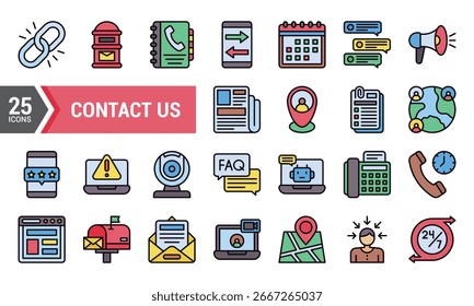 A vibrant set of 25 contact us icons in lineal style. perfect for websites. apps. and presentations. These icons are designed to help users easily find information and contact businesses.