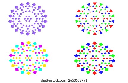 Vibrant set of 4 mandala-style geometric vector patterns with colorful symmetry in triangle and square motifs for commercial use – ideal for branding, textiles, packaging, and print licensing