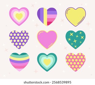 A vibrant set of 9 colorful heart clipart designs, perfect for Valentine’s Day cards, crafts, social media, stickers, logos, party decor, and merchandise. Bright and playful.