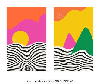 Vibrant set of abstract minimalistic landscapes in mid century style. Hand drawn Modern abstract naive graphic prints with mountains, sea and sun in green, pink and yellow colors.