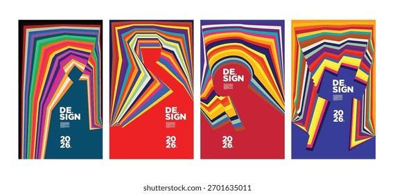 Vibrant set of abstract modern poster templates with bold wavy shapes, striking typography and artistic layouts. Ideal for events, branding, covers, flyers, ads, creative promos, and prints.