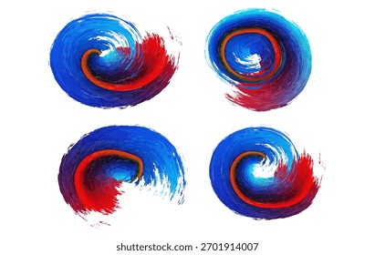 Um conjunto vibrante de texturas abstratas de traçado de pincel em espiral de acrílico vermelho e azul, pintadas à mão e isoladas em um plano de fundo branco limpo. ideal para fundos, arte digital, cartazes