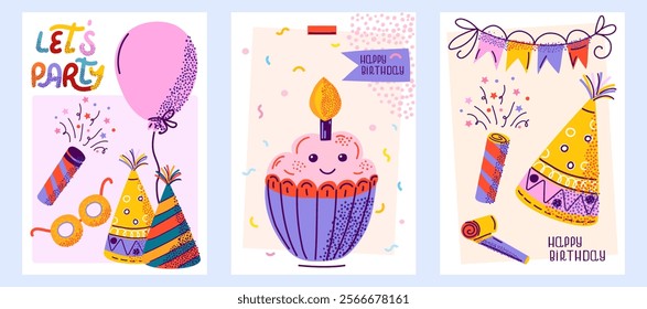 Vibrant set of birthday cards with textured colorful decorations, cupcakes, and party items. Perfect for sending birthday greetings or for use as party invitation designs