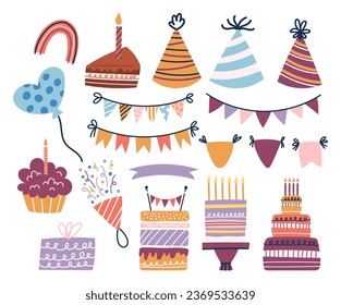 Vibrante Serie De Artículos De Celebración De Cumpleaños, Con Coloridos Globos, Sombreros De Fiesta, Confetti Y Un Deslumbrante Pastel, Perfecto Para Crear Inolvidables Recuerdos De Cumpleaños. ilustración del vector de dibujos animados