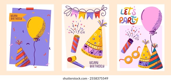 Vibrant set of birthday themed illustrations with balloons, party hats, party blower, glasses, flags. For greeting cards, invitations or party decorations