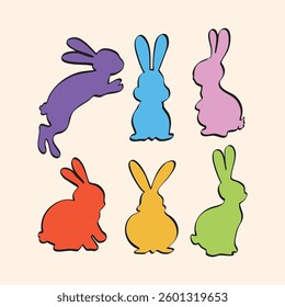 A vibrant set of bunny silhouettes in bold colors with black outlines, perfect for Easter and festive designs. Ideal for decorations, prints, and playful illustrations.