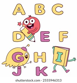 A vibrant set of cartoon alphabet characters from A to M, each with unique, funny expressions and playful designs, perfect for kids’ learning or creative projects!