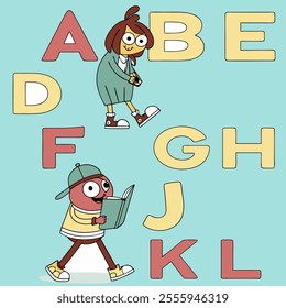 A vibrant set of cartoon alphabet characters from A to M, each with unique, funny expressions and playful designs, perfect for kids’ learning or creative projects!