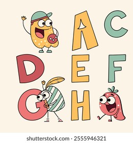 A vibrant set of cartoon alphabet characters from A to M, each with unique, funny expressions and playful designs, perfect for kids’ learning or creative projects!