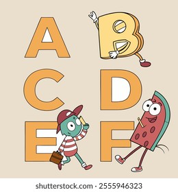 A vibrant set of cartoon alphabet characters from A to M, each with unique, funny expressions and playful designs, perfect for kids’ learning or creative projects!