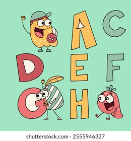 A vibrant set of cartoon alphabet characters from A to M, each with unique, funny expressions and playful designs, perfect for kids’ learning or creative projects!