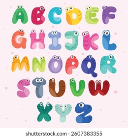 A vibrant set of cartoon alphabet letters A-Z with playful monster-like features and bright colors. Ideal for educational materials, children's designs, and fun learning resources.
