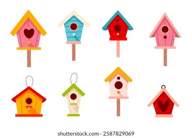 A vibrant set of cartoon birdhouses in various colors and styles. Hand-drawn flat illustrations, perfect for stickers, prints, and children’s decor.