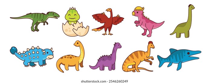 Um conjunto vibrante de ilustrações de dinossauros de desenhos animados com várias espécies, incluindo Tricerátops, Stegosaurus e dinossauros aquáticos, ideais para crianças e projetos com tema pré-histórico.