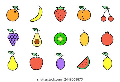 A vibrant set of cartoon fruit icons including an orange, banana, strawberry, peach, cherries, grapes, avocado, kiwi, mango, pomegranate, pear, apple, plum, watermelon slice, and lemon.
