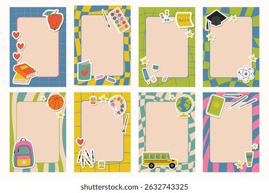 Vibrant set of cartoon posters with groovy checkered and striped textures, decorated with fun sticker-style elements for a Back to School theme. Perfect for classroom decor and learning inspiration.