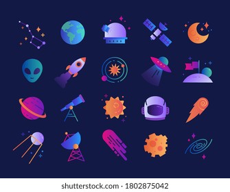 Vibrant set of cartoon space icons with rockets, planet, aliens, shooting stars, satellite and spaceships, colored vector illustration