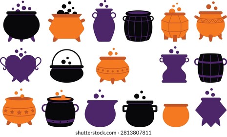 A vibrant set of cauldron illustrations in orange and purple, perfect for Halloween graphics, potion-making designs, and witch-themed artwork.