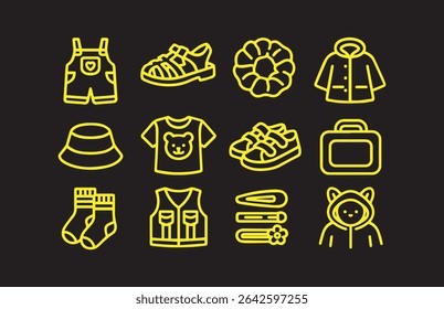 A vibrant set of cheerful yellow icons representing children's clothing and accessories against a black background perfect for creative projects