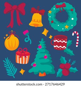 “A vibrant set of Christmas-themed flat vector illustrations including a Christmas tree, golden bell, wreath, gift box, and hot chocolate mug on a dark blue background.”