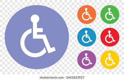 A vibrant set of circular accessibility symbols, each featuring a person in a wheelchair. The symbols come in diverse colors indicating inclusion and support.