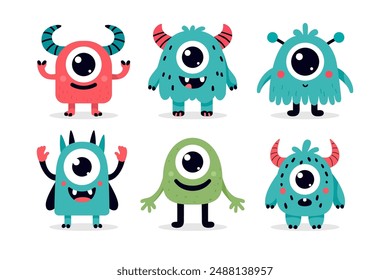 Vibrant set of colorful, cute monster cartoon flat illustrations for childrens books, party decorations, and prints on kids clothing for designing cheerful, playful projects.