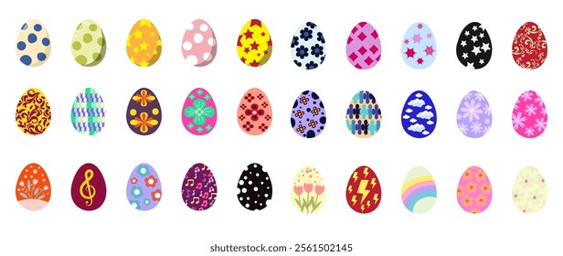 A vibrant set of colorful Easter eggs adorned with intricate ornamental patterns. This vector illustration is perfect for holiday designs, greeting cards, posters, and festive decorations.  
