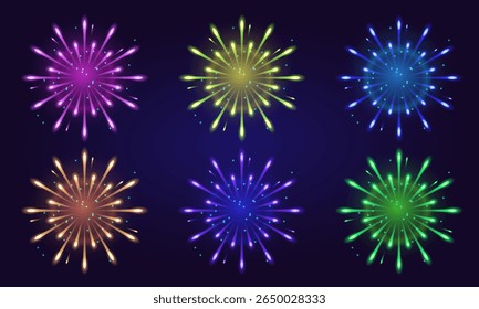 Vibrant Set of Colorful Fireworks Bursts 
Perfect for New Year’s Eve, Independence Day, parties, festivals, holiday greeting cards, invitations, posters, web designs, and any celebration