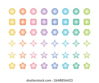 A vibrant set of colorful shapes including circles, stars, flowers, squares, hexagons and more.