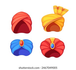 Vibrant Set Of Colorful Traditional Eastern Turbans. Four Ethnic Headwear In Red, Blue And Yellow Colors, Vector