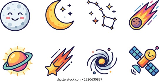 A vibrant set of cute outer space vector icons featuring celestial elements like planets, stars, comets, and satellites. Perfect for children's educational materials, graphic design projects, mobile apps, and web interfaces.A vibrant set of cute outer space vector icons featuring celestial elements like planets, stars, comets, and satellites. Perfect for children's educational materials, graphic design projects, mobile apps, and web interfaces.