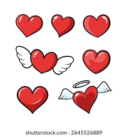 Um conjunto vibrante de corações de desenhos animados vermelhos bonitos em vários estilos, incluindo corações com asas, halo anjo, e brilho brilhante. Perfeito para casamento, design de amor e cartão de saudação.