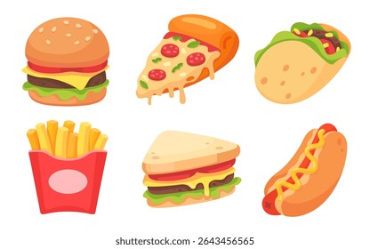 A vibrant set of fast food icons including a burger, pizza, taco, fries, sandwich, and hot dog, perfect for culinary and restaurant themes.