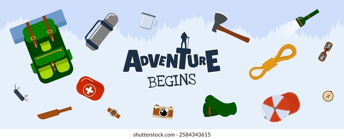 Vibrant set featuring essential hiking and camping gear. Including backpack, compass, flashlight and survival tools. Designed in modern trendy style. Perfect for adventure and outdoor exploration. Eps