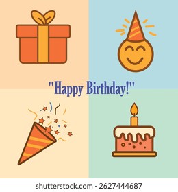 A vibrant set of flat design birthday greeting cards featuring cute icons such as cakes, gifts, party hats, and confetti. Perfect for birthday celebrations, invitations,and social media posts.
