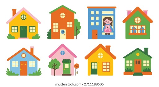 Un conjunto vibrante de iconos de casa de diseño plano, que incluye varias casas residenciales y un edificio de apartamentos, perfecto para gráficos divertidos.