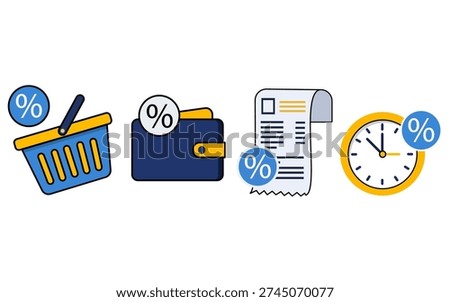 A vibrant set of flat design icons illustrates various financial concepts related to discounts, sales, and time-limited offers, featuring a shopping basket, wallet, receipt, and clock with percentage symbols.