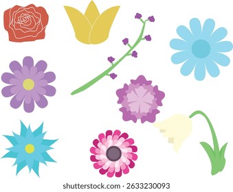 A vibrant set of flat vector flowers in various colors and styles